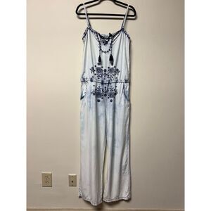 DESIGUAL Chambray Embroidered Boho Jumpsuit, Blue, Tassels, Sz 32 (8)